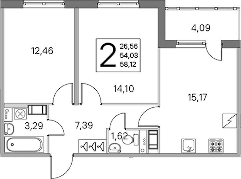 2-комнатная квартира 54.03 м², 5/5 эт., ЖК «ЮгТаун. Олимпийские кварталы»